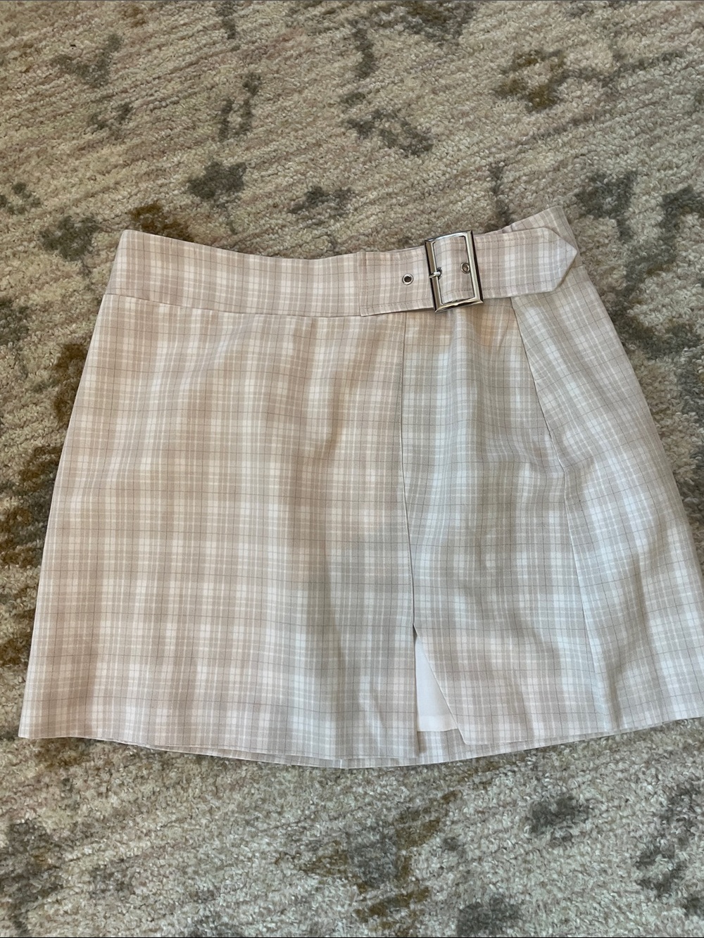 Forever 21 Plaid Mini Skirt with Buckle in Beige and White